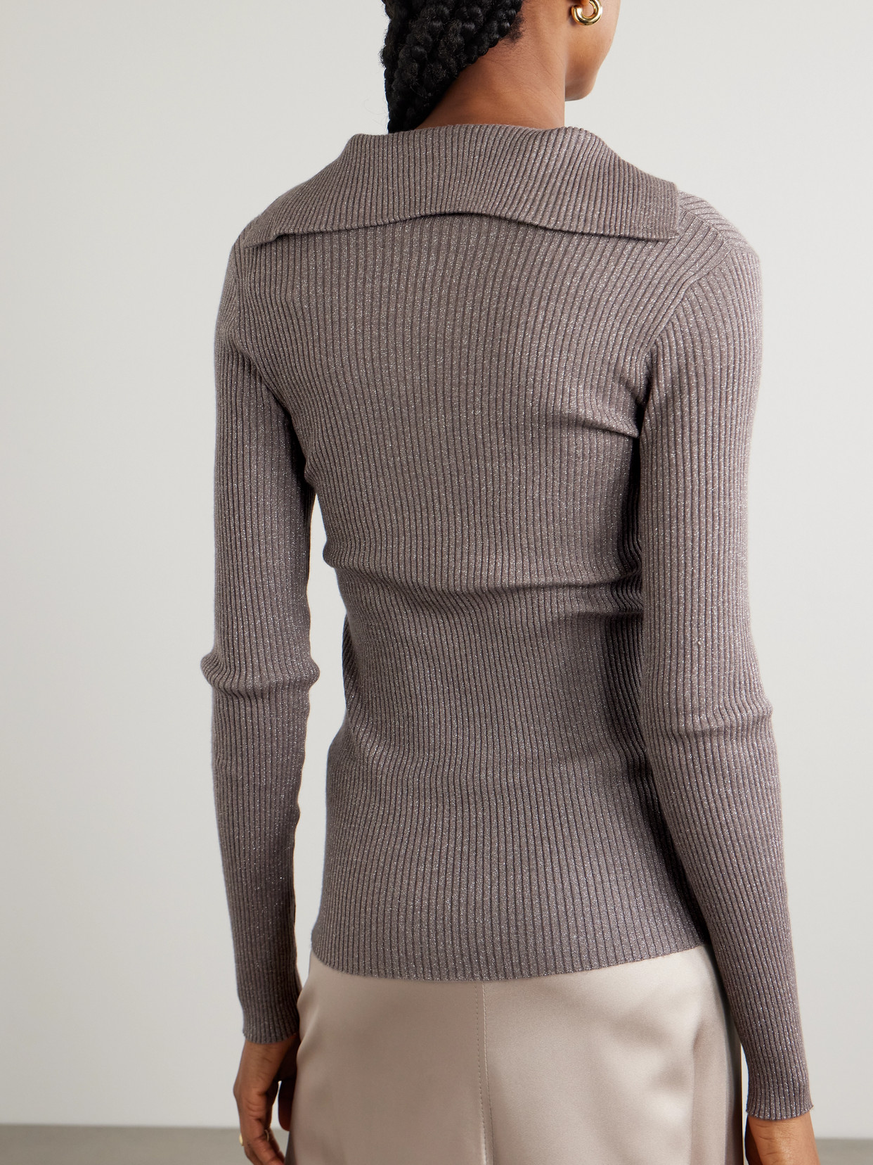 Brunello Cucinelli Ribbed Metallic Cashmere And Silk-blend Top In Gray