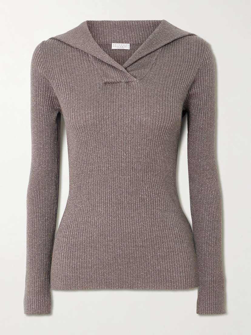 Brunello Cucinelli Ribbed Metallic Cashmere And Silk-blend Top