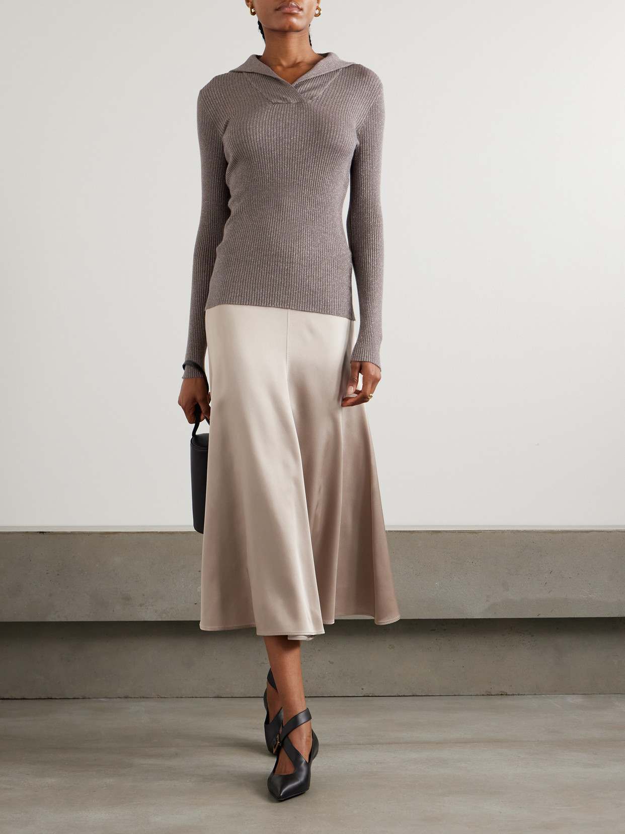 Brunello Cucinelli Ribbed Metallic Cashmere And Silk-blend Top In Gray