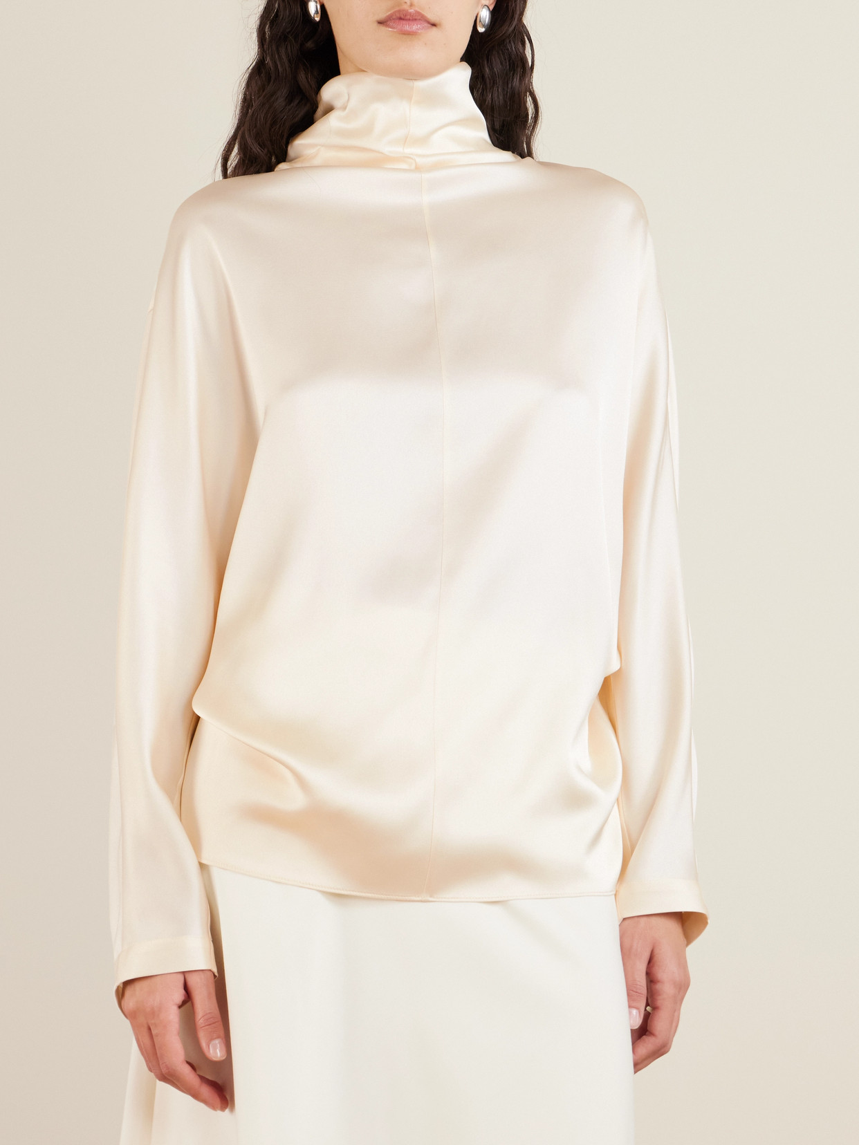 Silk-Satin Turtleneck Blouse
