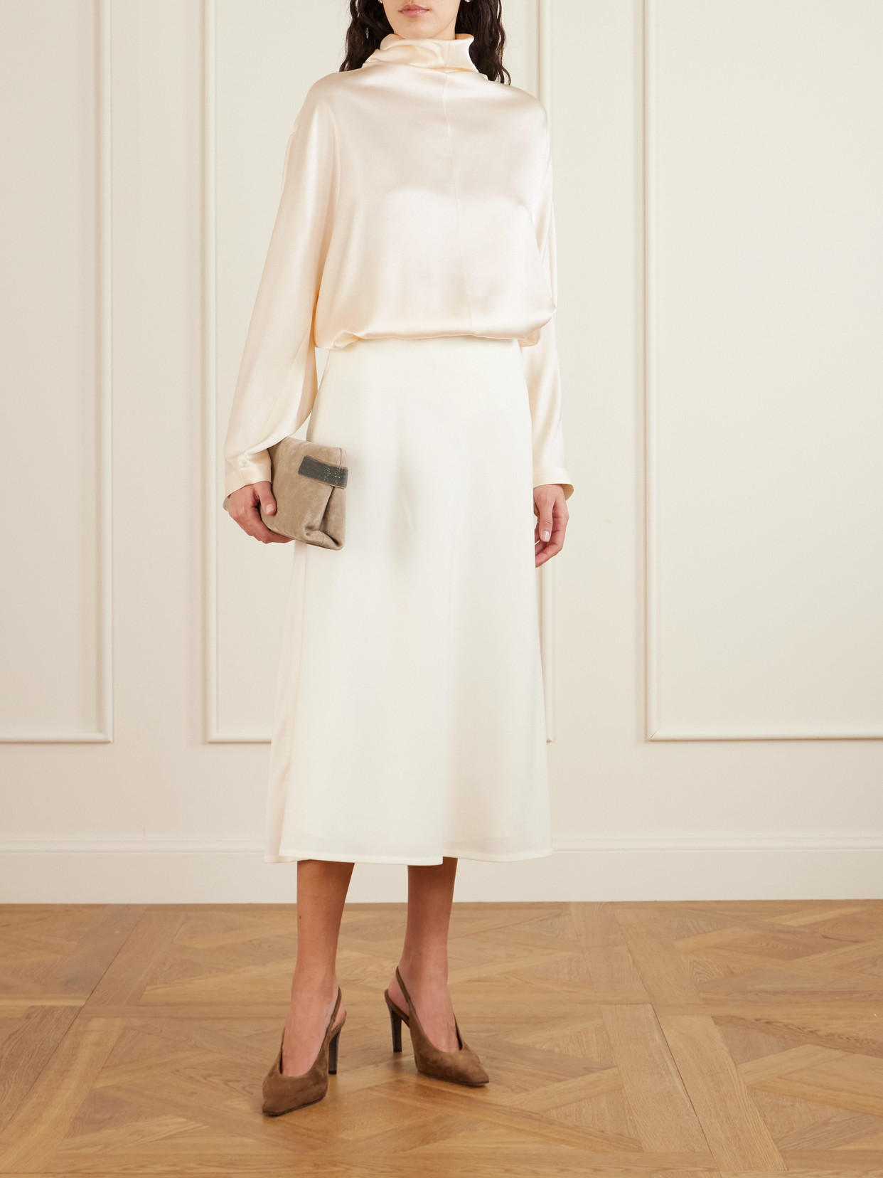 Silk-Satin Turtleneck Blouse