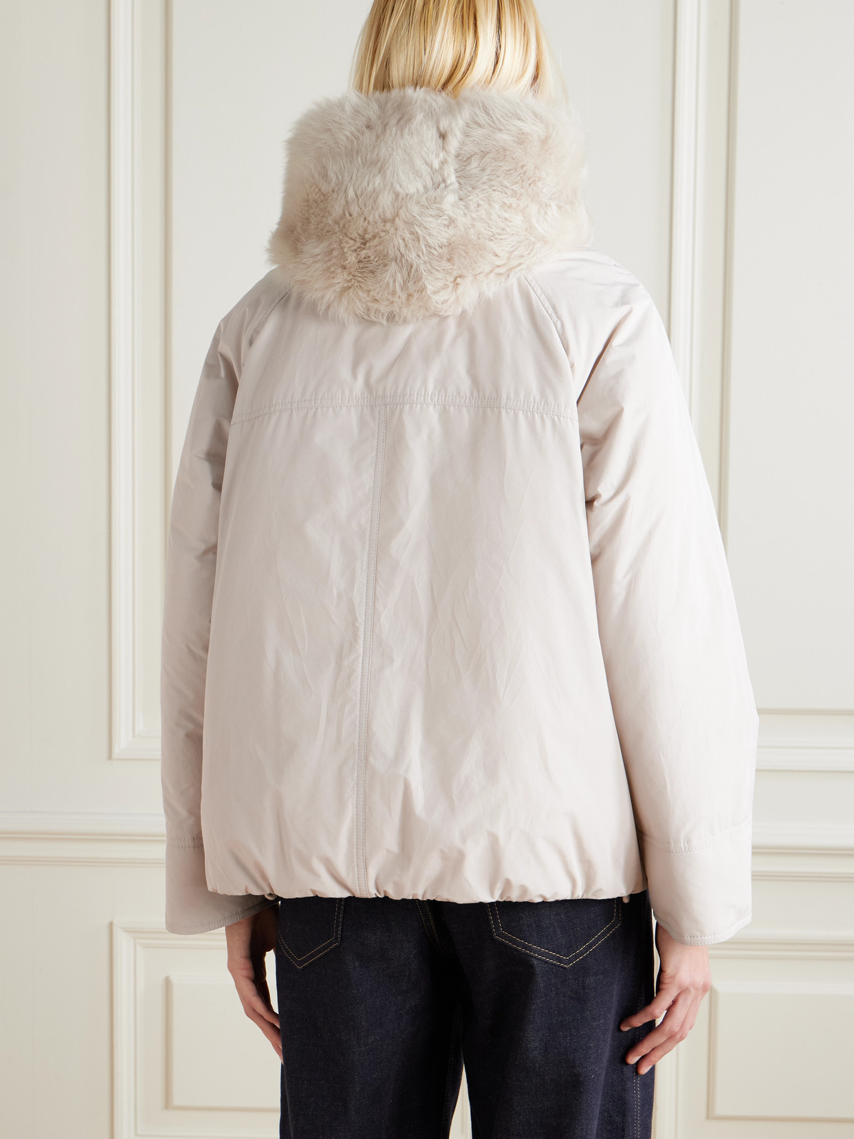 Brunello Cucinelli Hooded Ribbed-knit And Shearling-trimmed Bead-embellished Padded Shell Down Jacket In Neutral