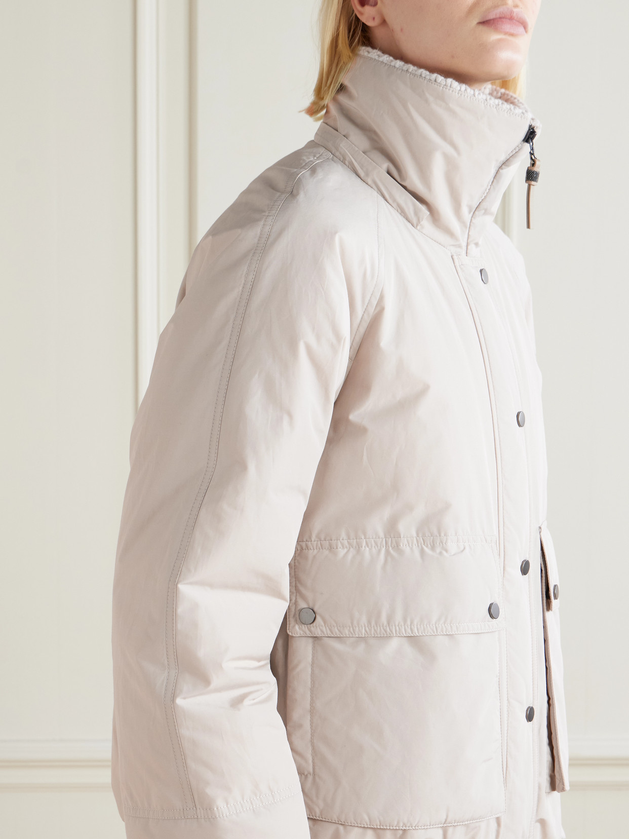 Brunello Cucinelli Hooded Ribbed-knit And Shearling-trimmed Bead-embellished Padded Shell Down Jacket In Neutral