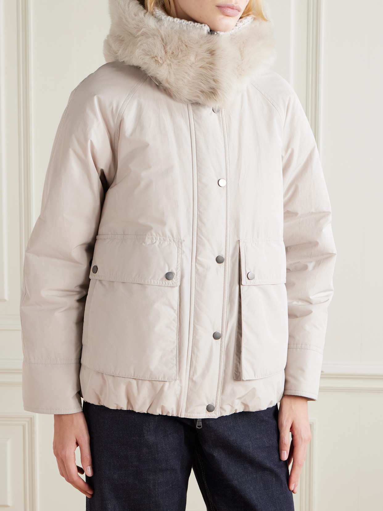 Brunello Cucinelli Hooded Ribbed-knit And Shearling-trimmed Bead-embellished Padded Shell Down Jacket In Neutral