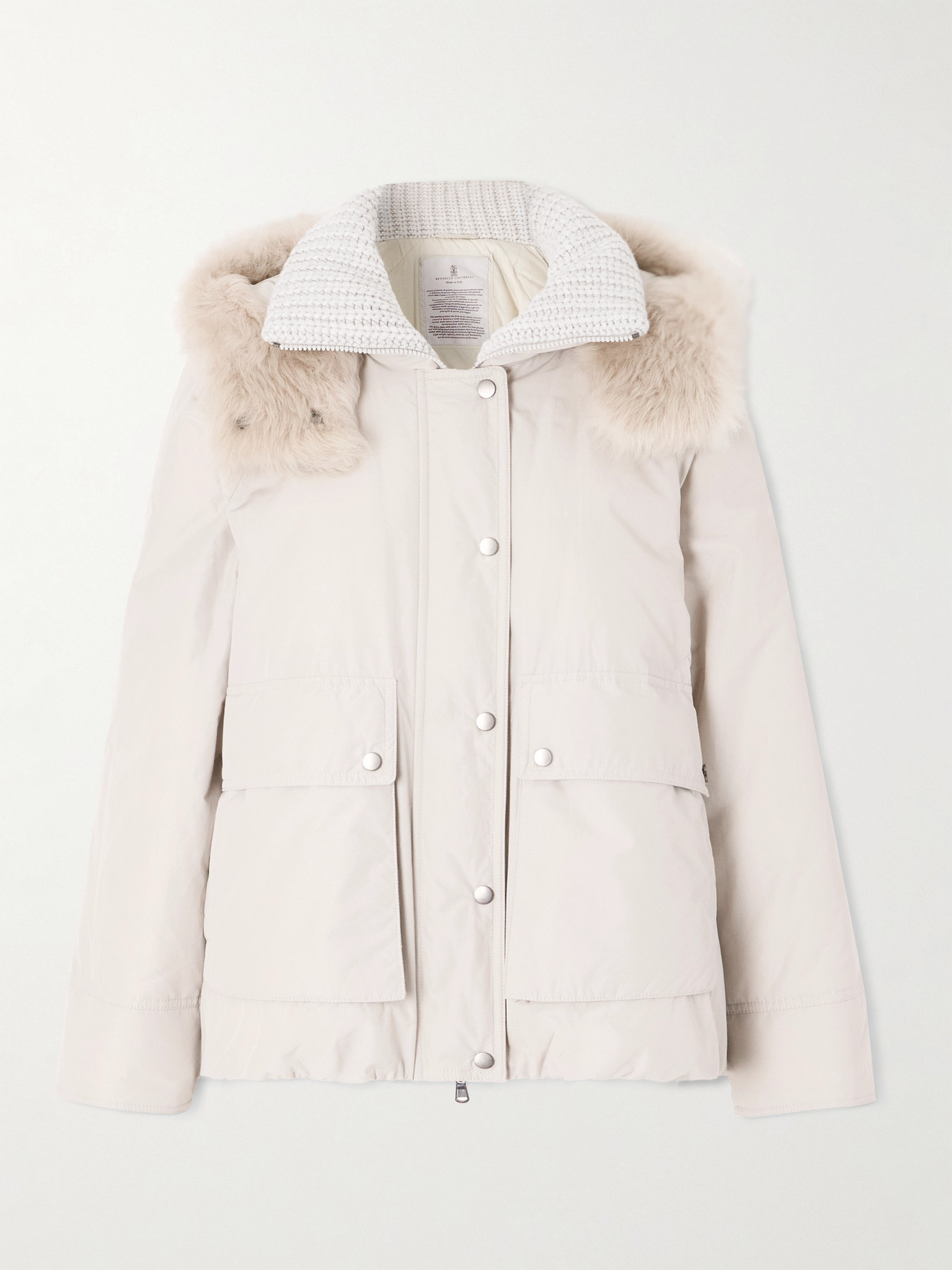 Brunello Cucinelli Hooded Ribbed-knit And Shearling-trimmed Bead-embellished Padded Shell Down Jacket In Neutral