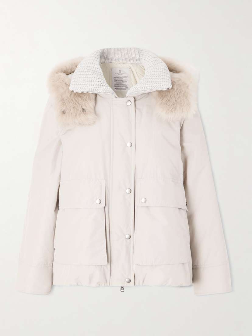 Brunello Cucinelli Hooded Ribbed-knit And Shearling-trimmed Bead-embellished Padded Shell Down Jacket