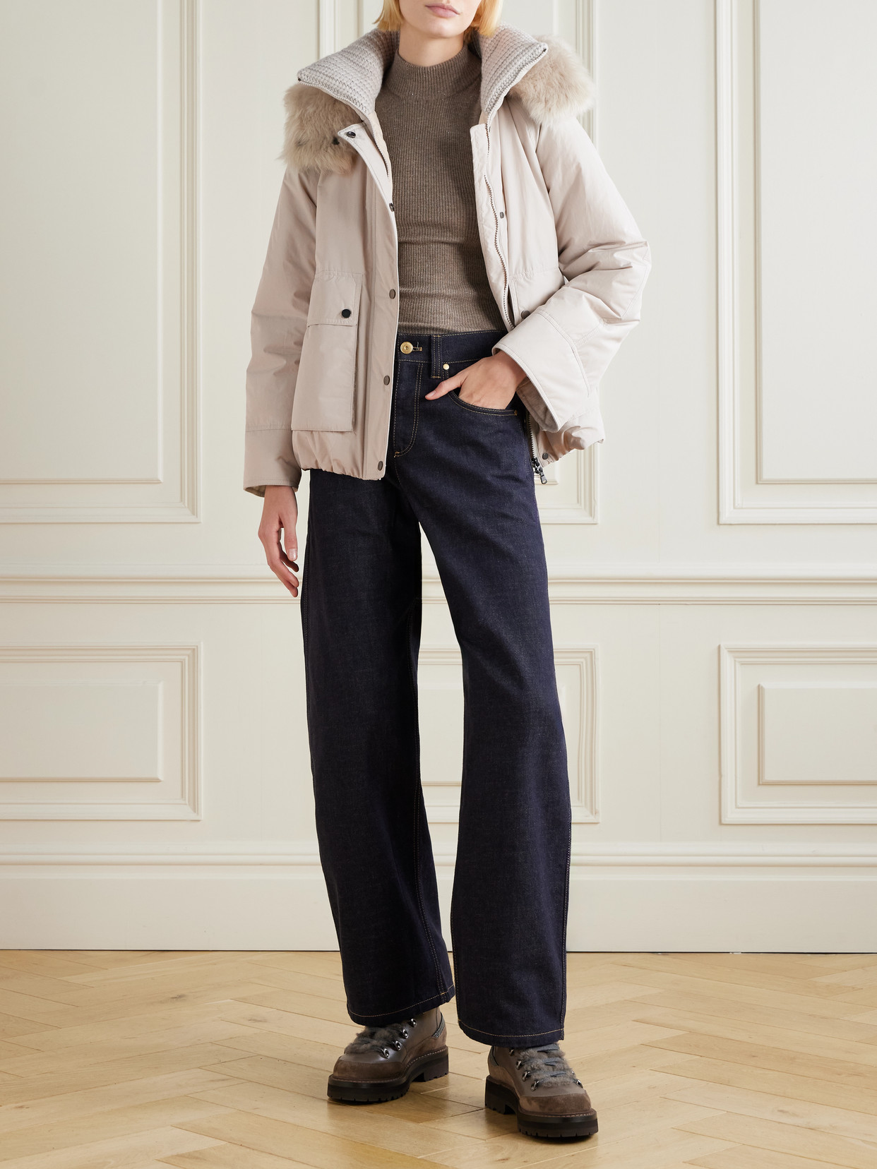 Brunello Cucinelli Hooded Ribbed-knit And Shearling-trimmed Bead-embellished Padded Shell Down Jacket In Neutral