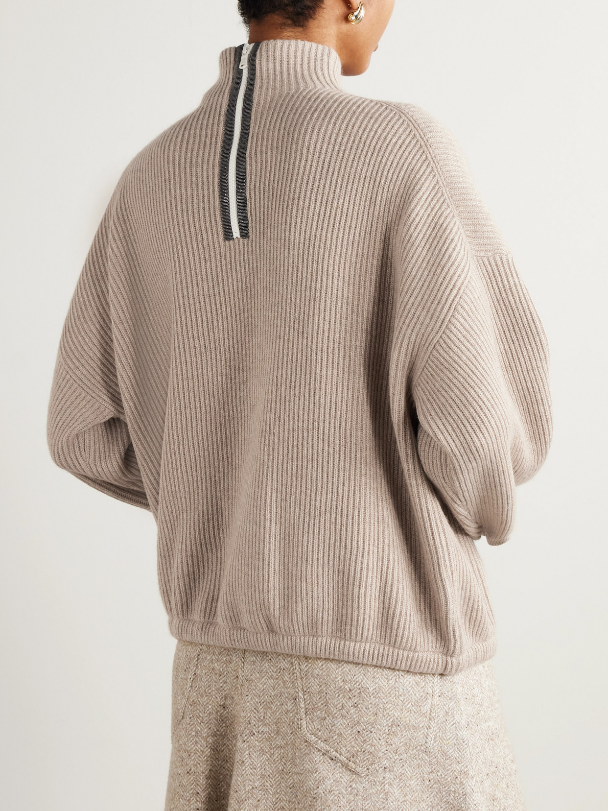 Bead-Embellished Ribbed Cashmere Turtleneck Sweater