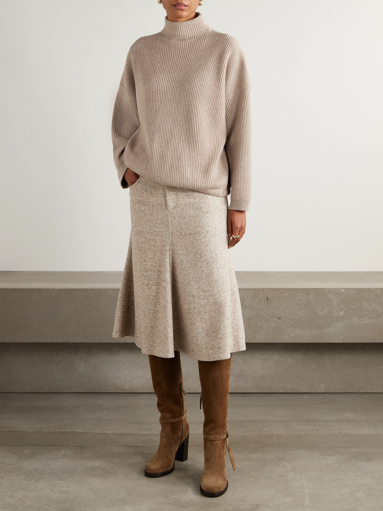 Bead-Embellished Ribbed Cashmere Turtleneck Sweater