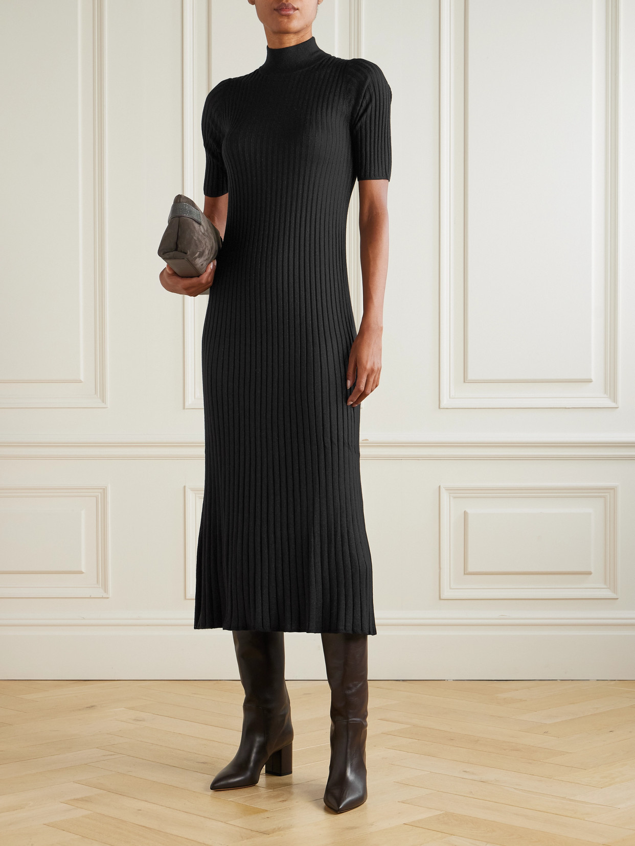 Brunello Cucinelli Ribbed Cashmere-blend Midi Dress In Black