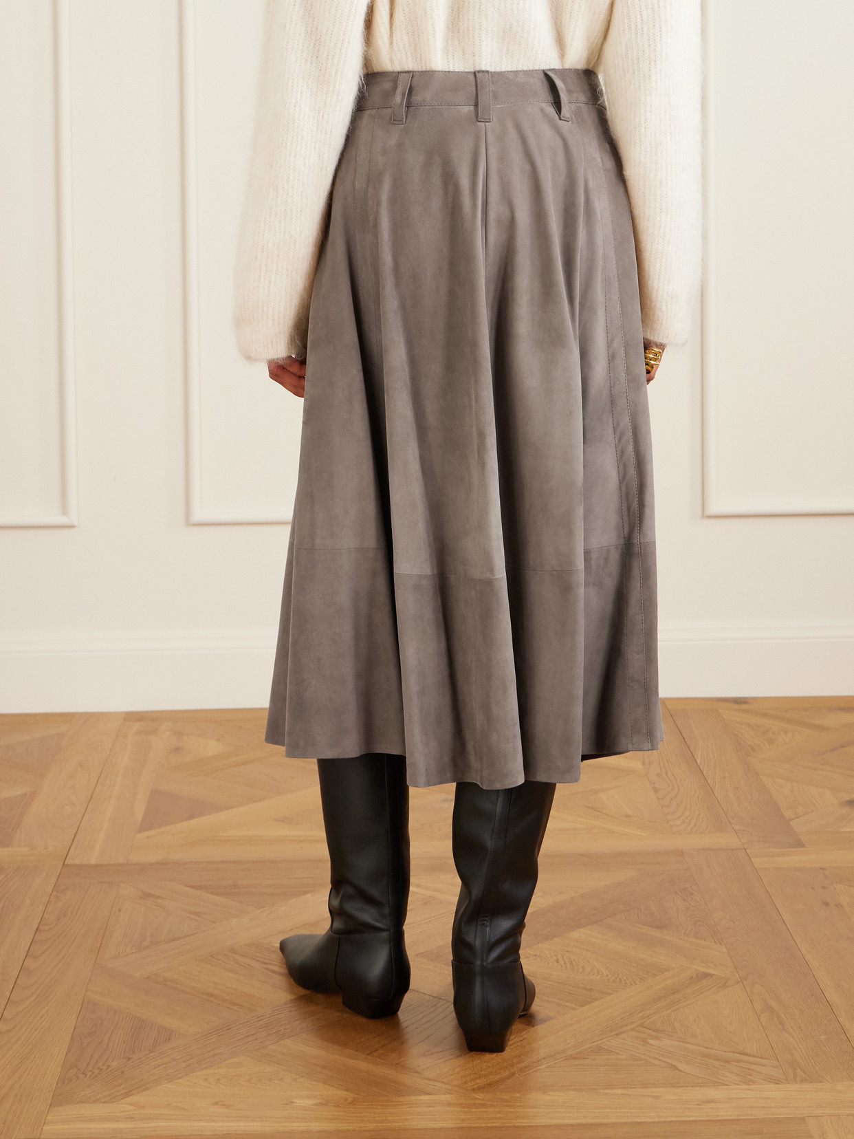 Brunello Cucinelli Flared Suede Midi Skirt In Brown