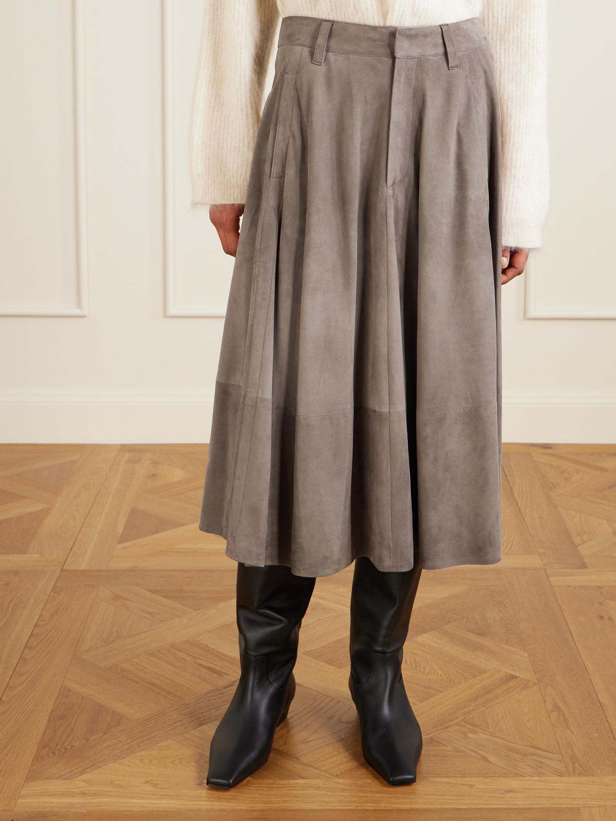 Brunello Cucinelli Flared Suede Midi Skirt In Brown