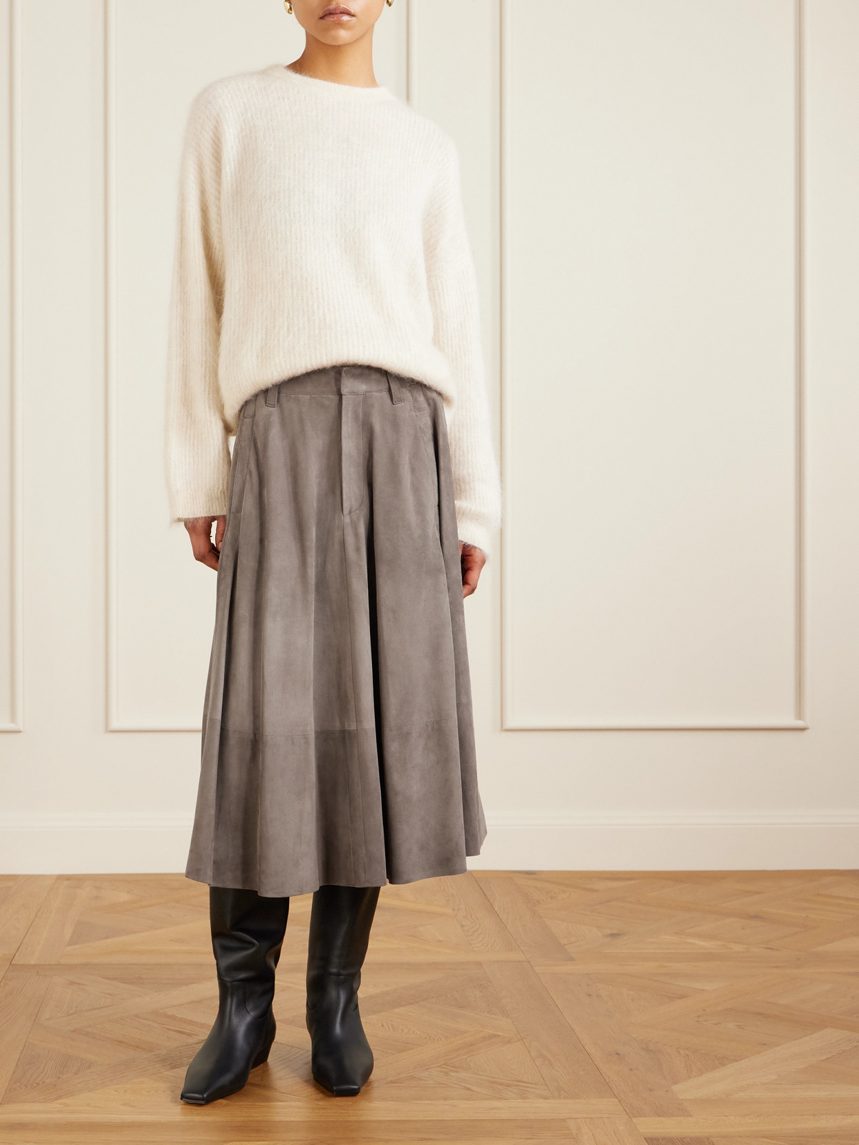 Brunello Cucinelli Flared Suede Midi Skirt In Brown