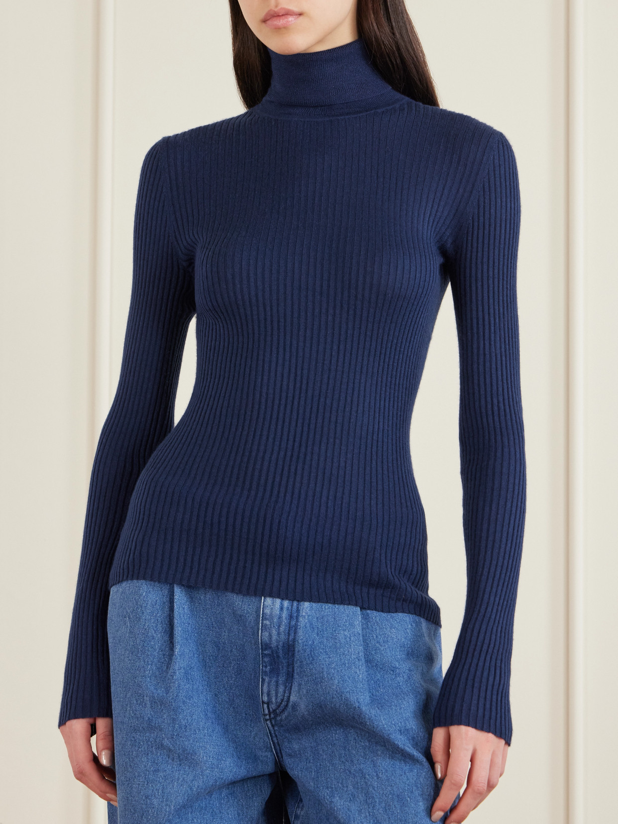 Gabriela Hearst Peppe Ribbed Cashmere And Silk-blend Turtleneck Sweater In Blue