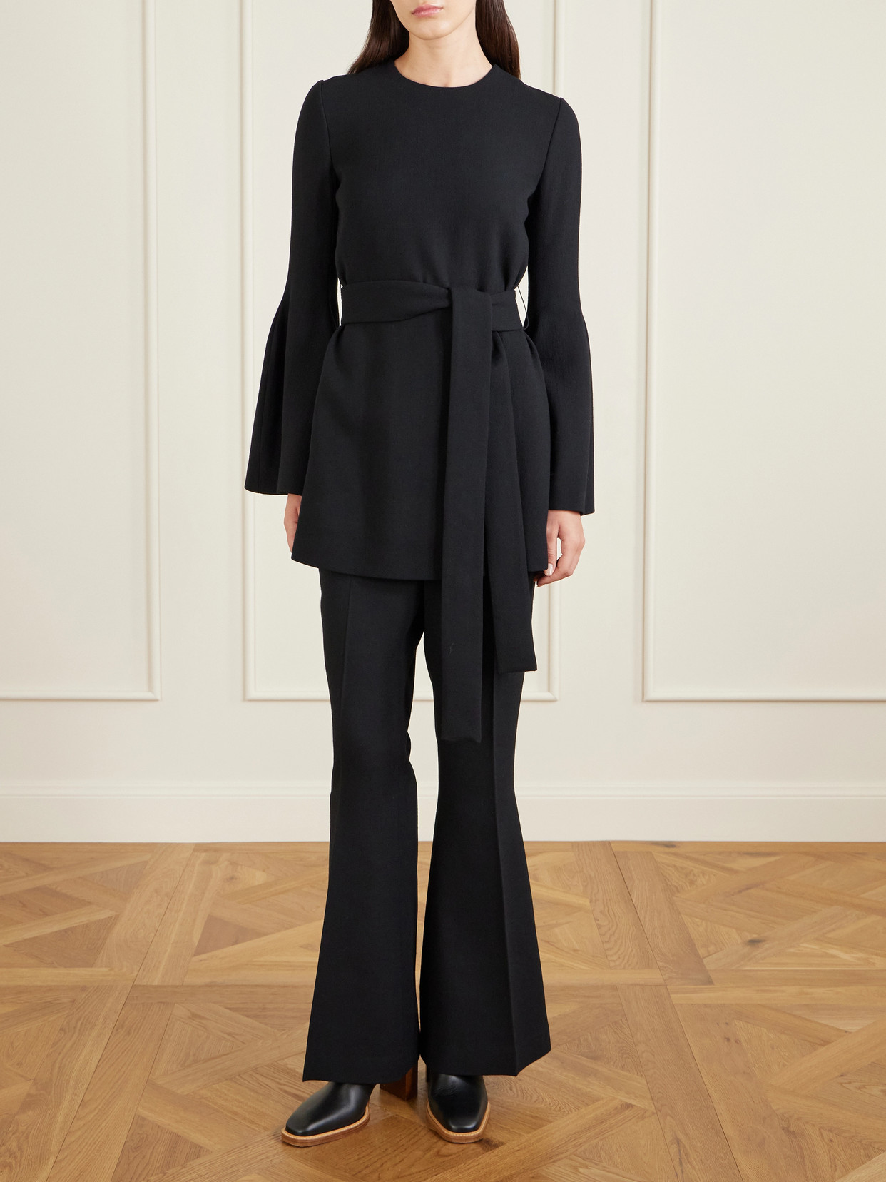 Gabriela Hearst Marsh Pleated Wool-crepe Flared Pants In Black