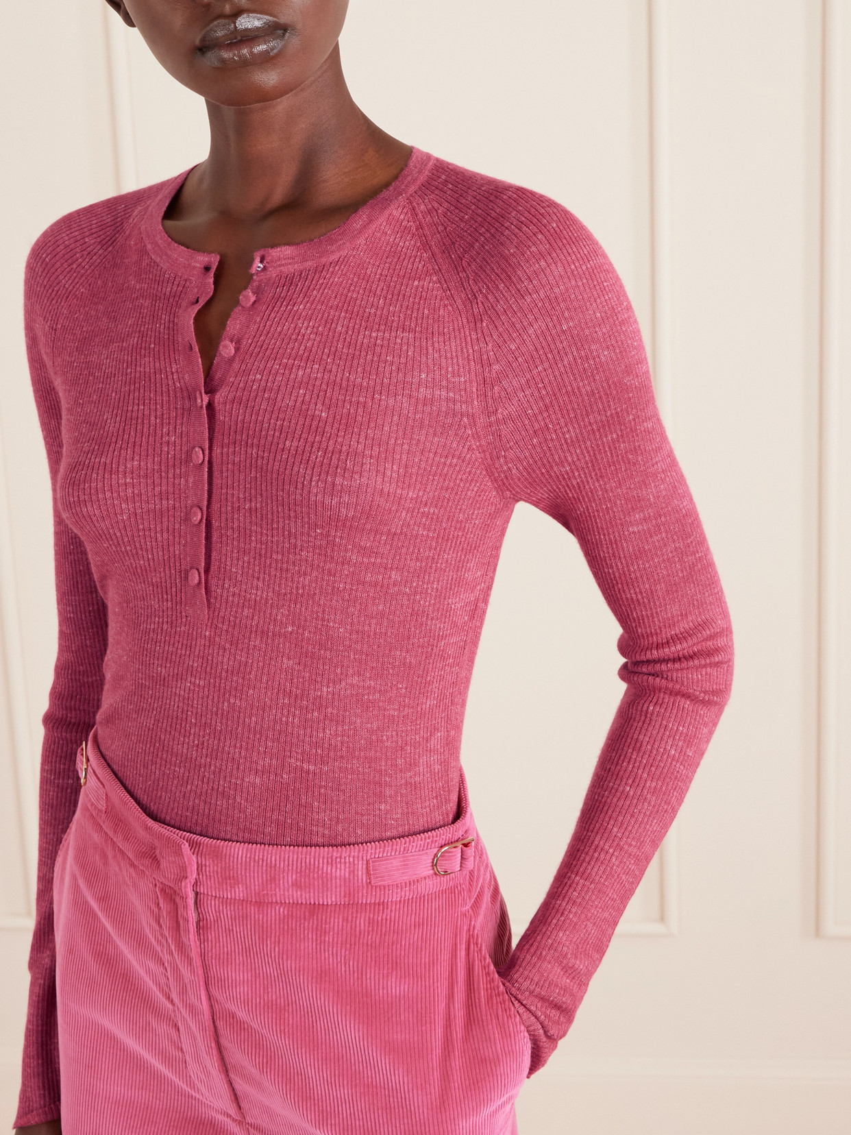 Gabriela Hearst Anges Ribbed Cashmere, Silk And Hemp-blend Henley Shirt In Pink