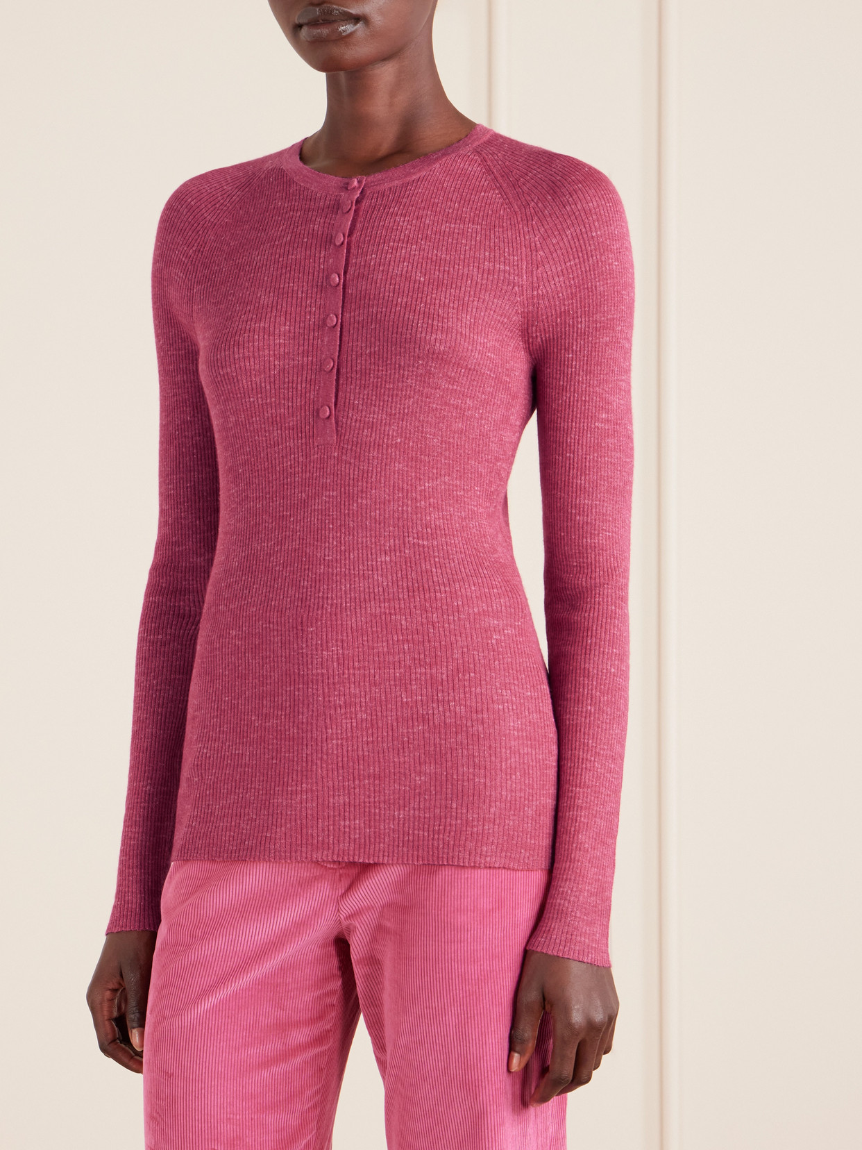 Gabriela Hearst Anges Ribbed Cashmere, Silk And Hemp-blend Henley Shirt In Pink