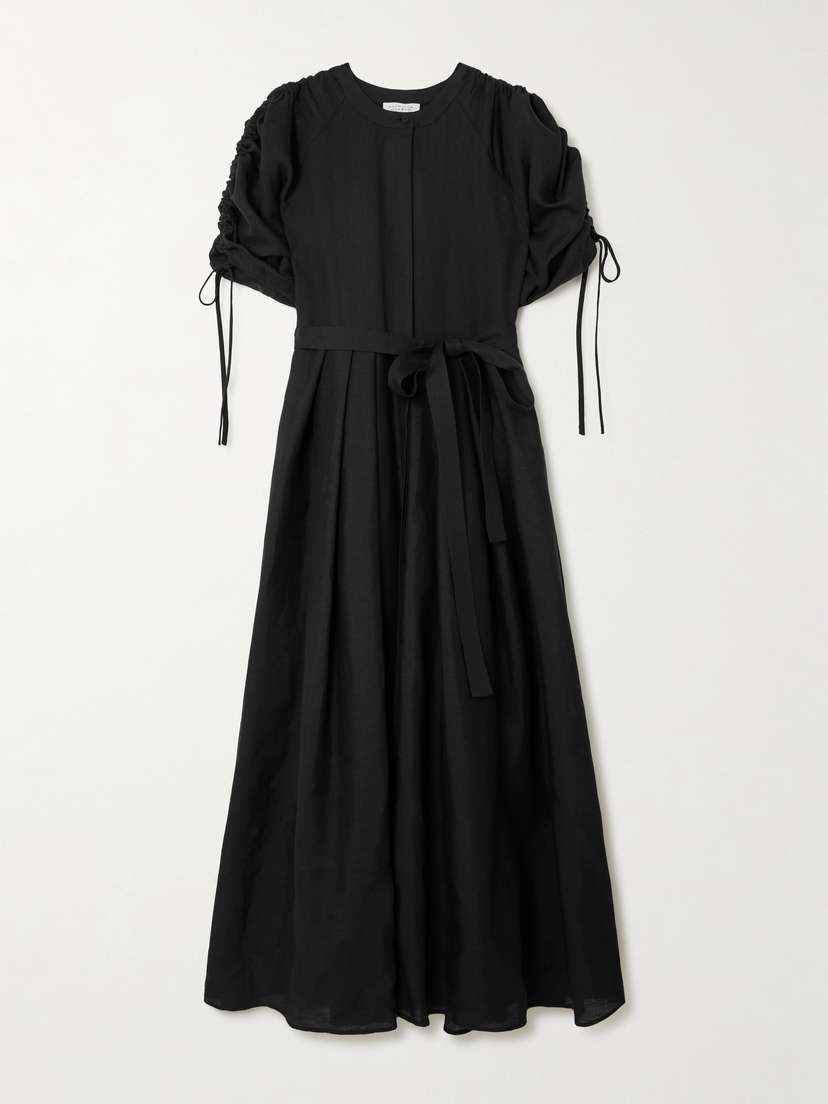 Gabriela Hearst Linnea Belted Ruched Pleated Linen Midi Shirt Dress