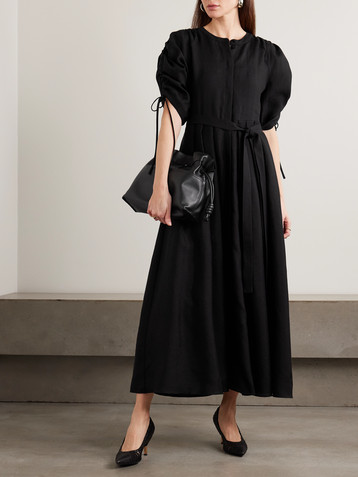 Gabriela Hearst Linnea belted ruched pleated linen midi shirt dress
