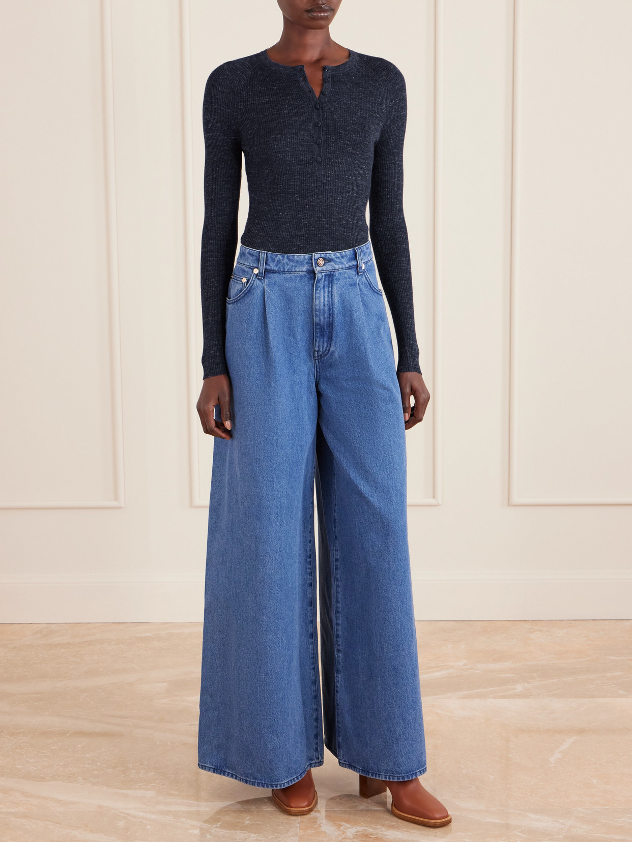 Gabriela Hearst Anges Ribbed Cashmere, Silk And Hemp-blend Henley Top In Blue