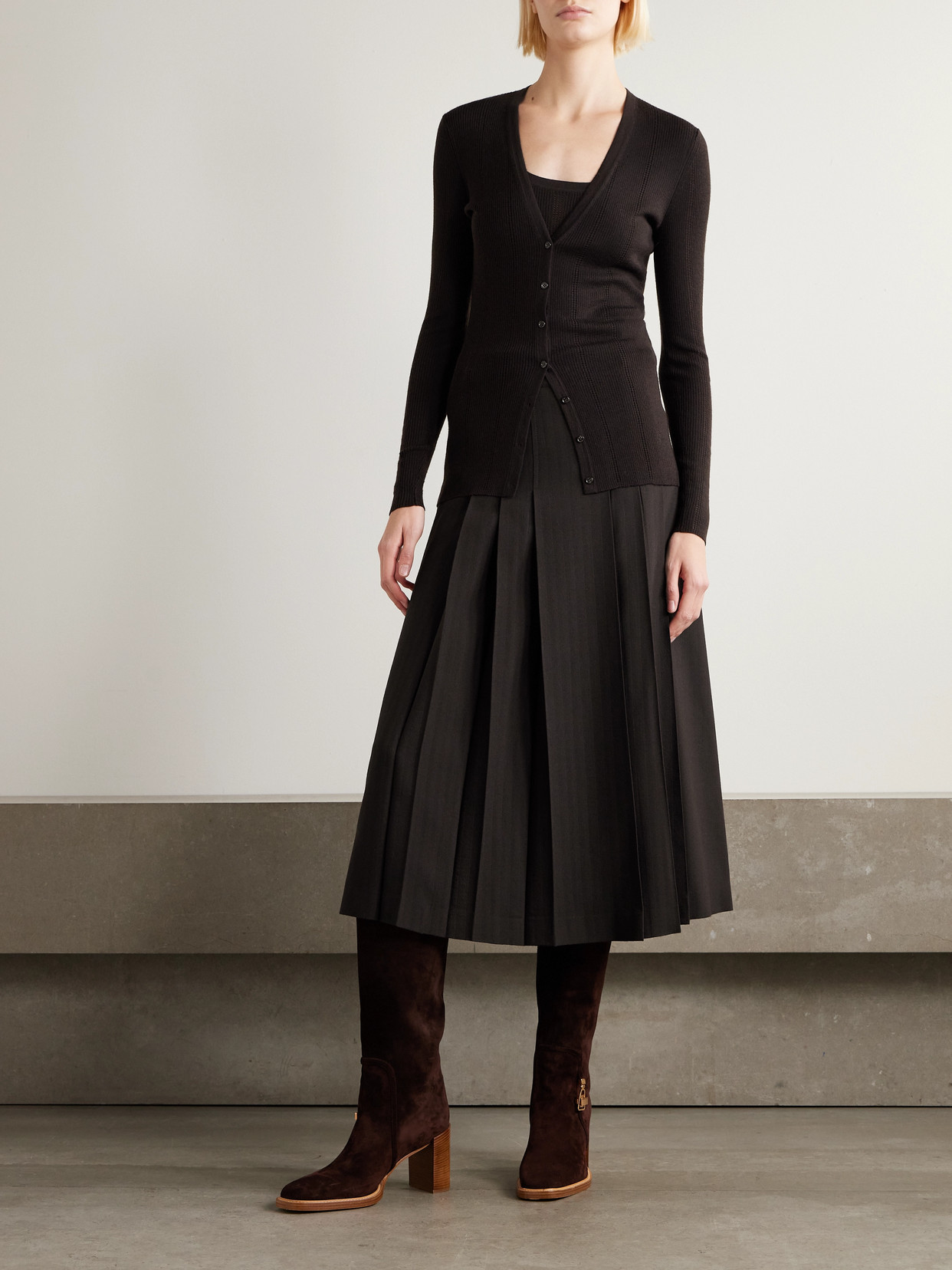 Gabriela Hearst Wesley Pleated Wool-blend Midi Skirt In Brown