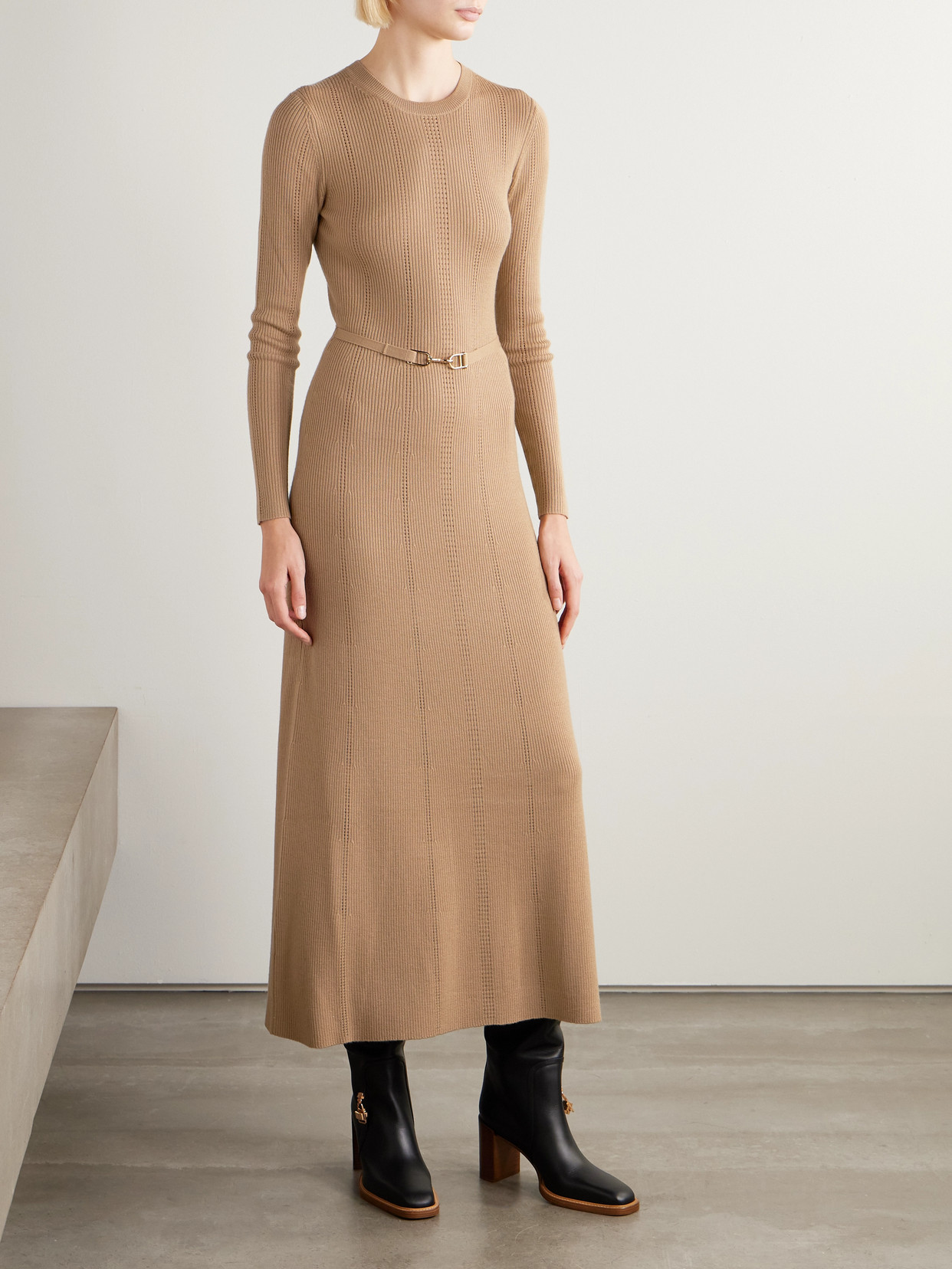 Gabriela Hearst Imagene Belted Ribbed Pointelle-knit Wool Midi Dress In Brown