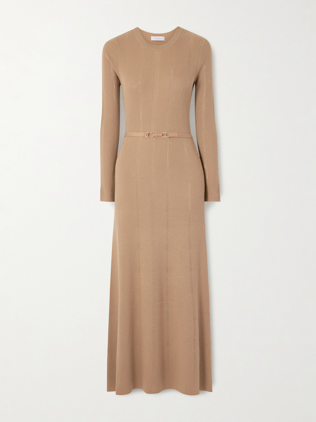 Gabriela Hearst Imagene Belted Ribbed Pointelle-knit Wool Midi Dress In Brown