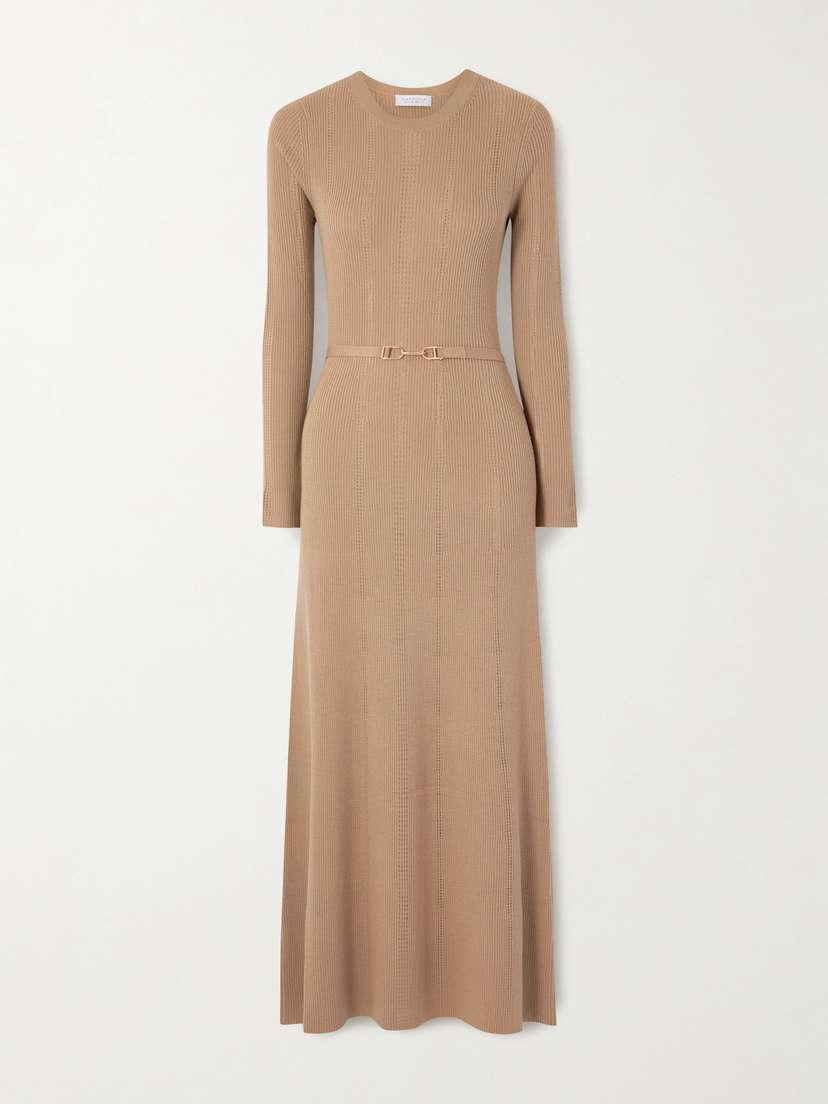 Gabriela Hearst Imagene Belted Ribbed Pointelle-knit Wool Midi Dress