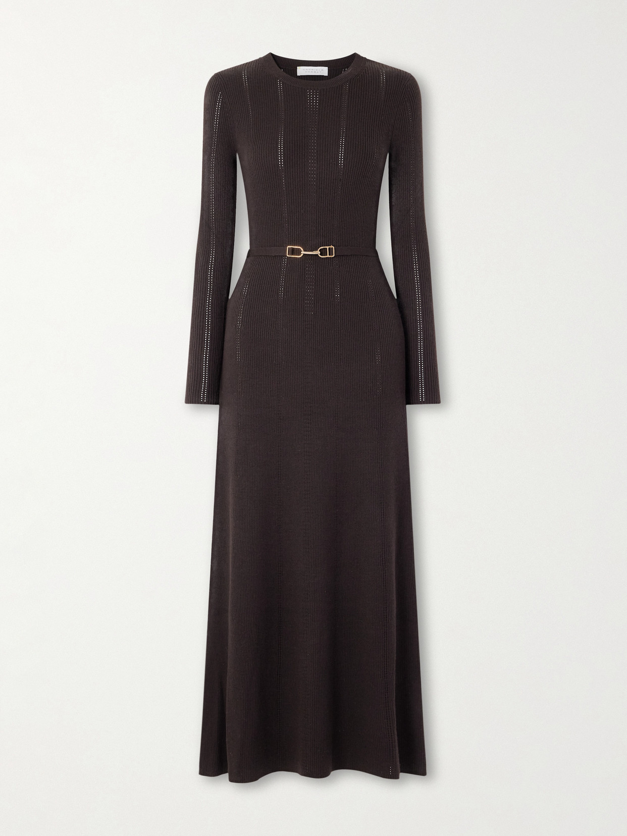 Gabriela Hearst Imagene Belted Ribbed Pointelle-knit Wool Midi Dress In Brown