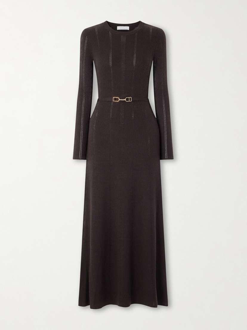 Gabriela Hearst Imagene Belted Ribbed Pointelle-knit Wool Midi Dress
