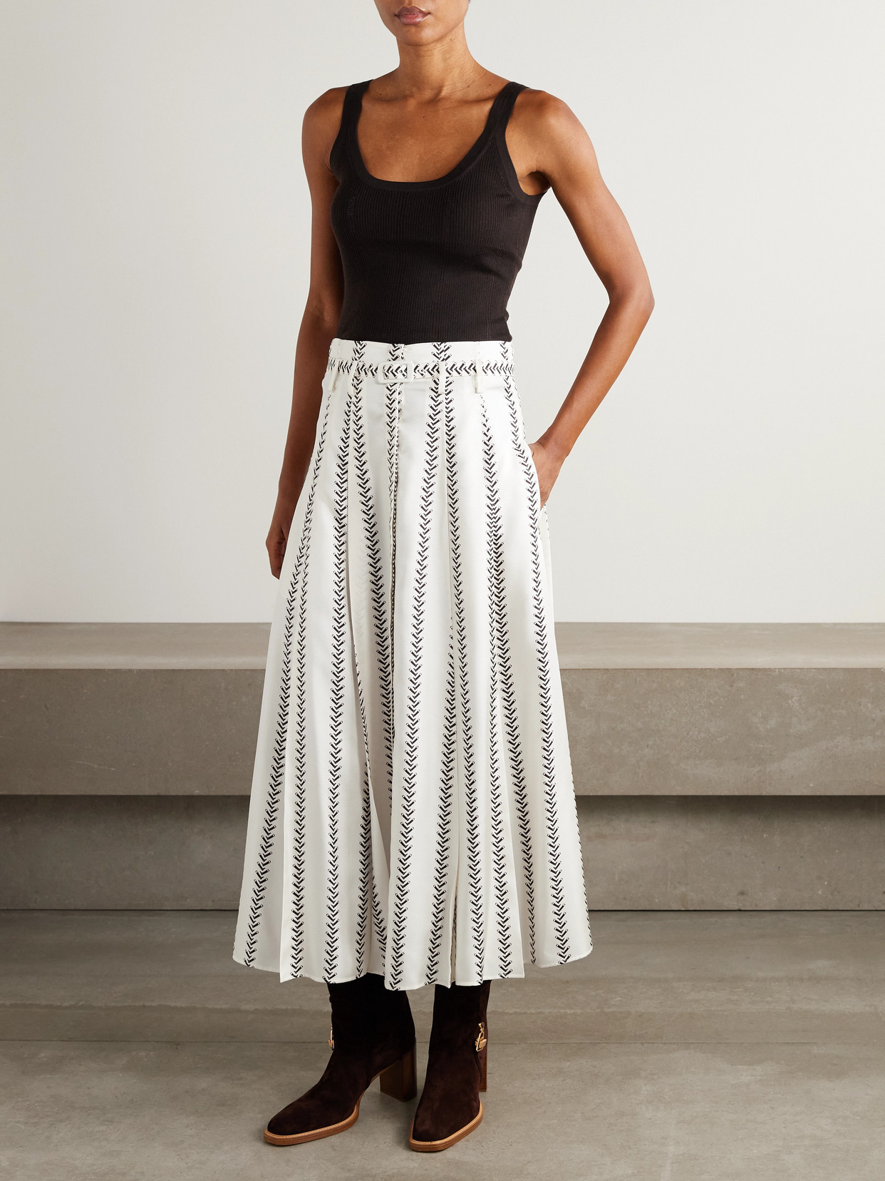 Gabriela Hearst Dugald Belted Pleated Printed Silk Midi Skirt In White