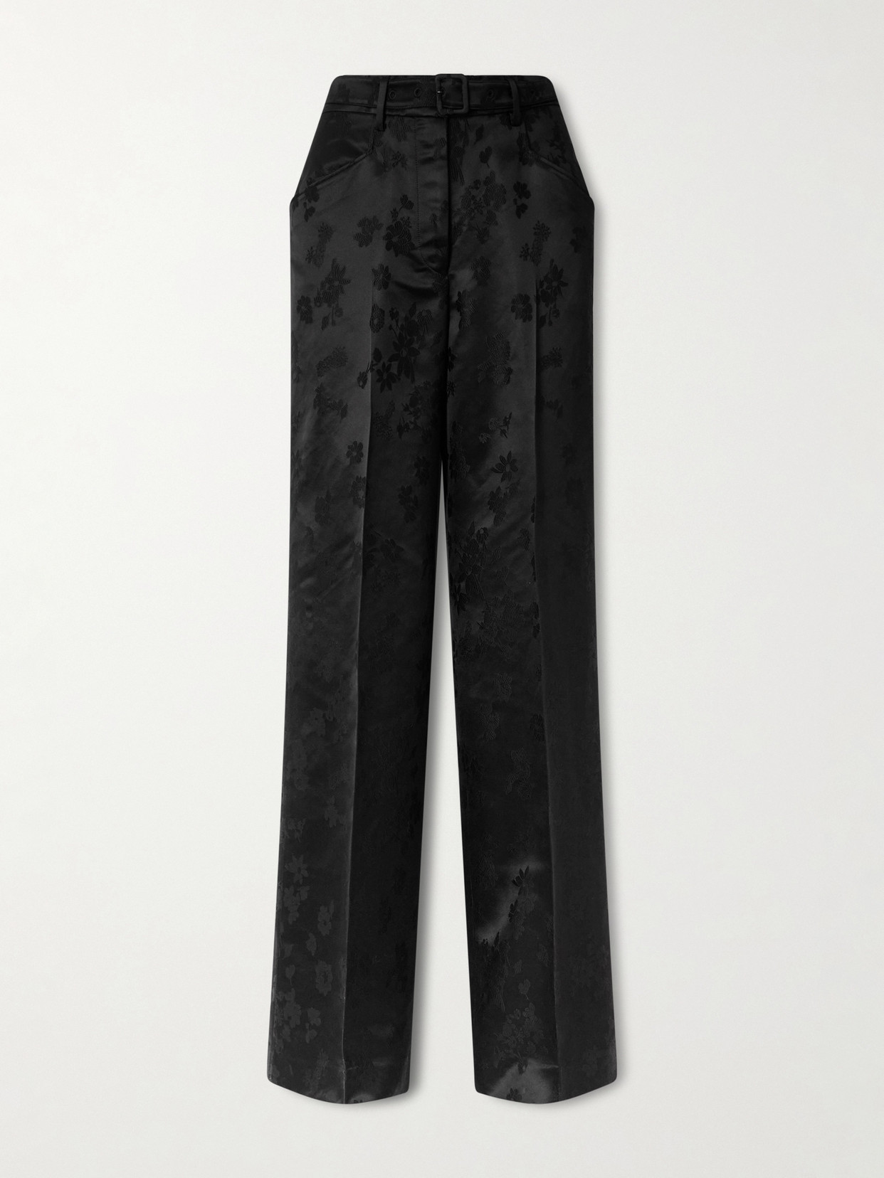 Gabriela Hearst Norman Belted Floral Silk Satin-twill Straight-leg Pants In Black