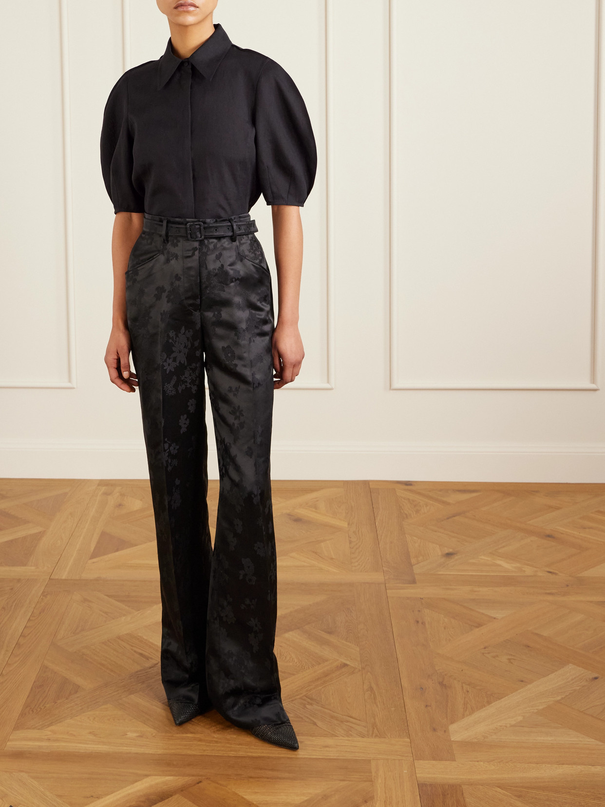 Gabriela Hearst Norman Belted Floral Silk Satin-twill Straight-leg Pants In Black