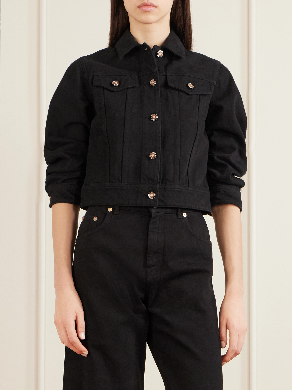 Gabriela Hearst Adira Cropped Ruched Recycled-denim Jacket In Black