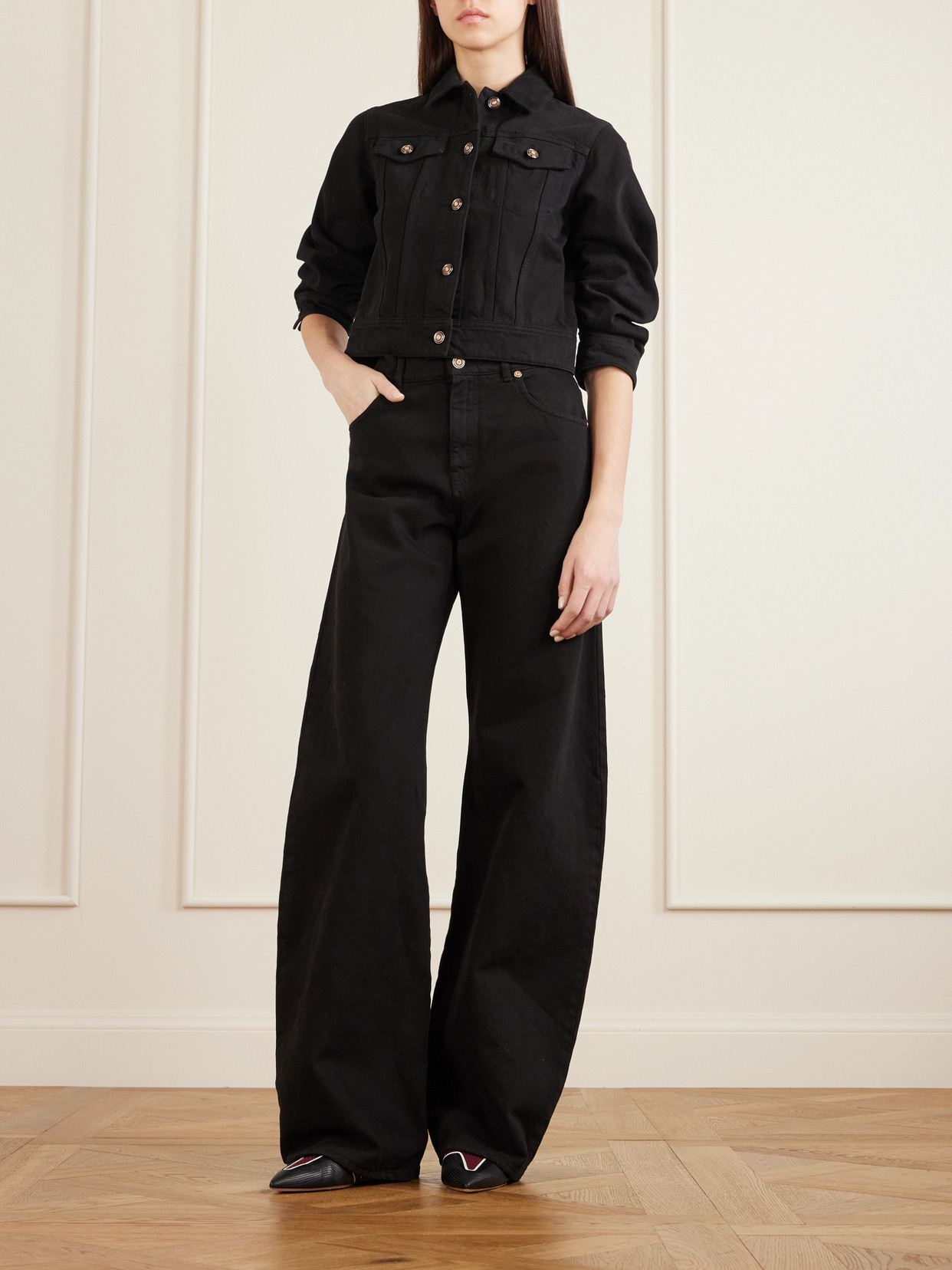 Gabriela Hearst Adira Cropped Ruched Recycled-denim Jacket In Black