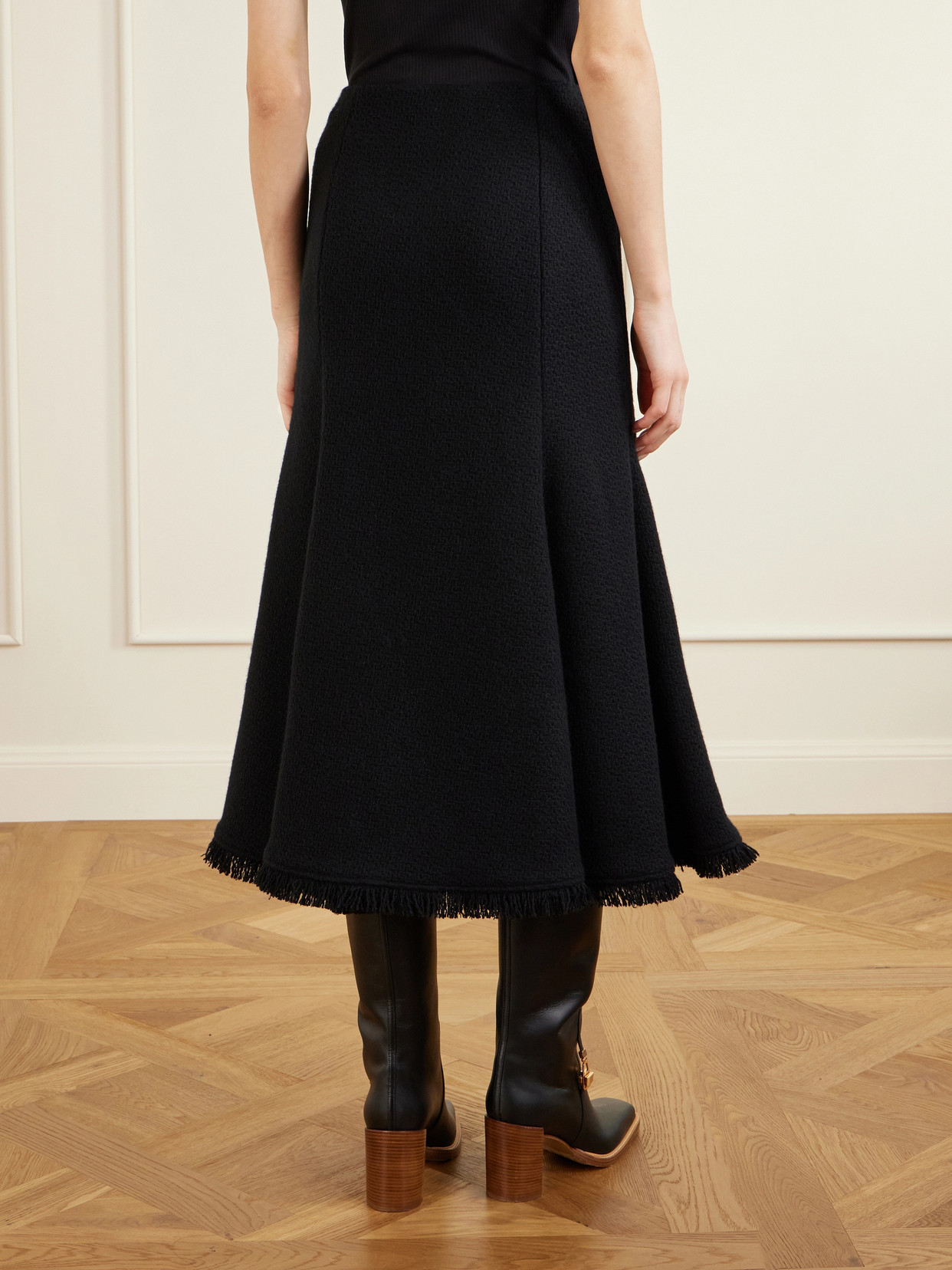 Gabriela Hearst Patterson Frayed Wool And Cashmere-blend Midi Skirt In Black