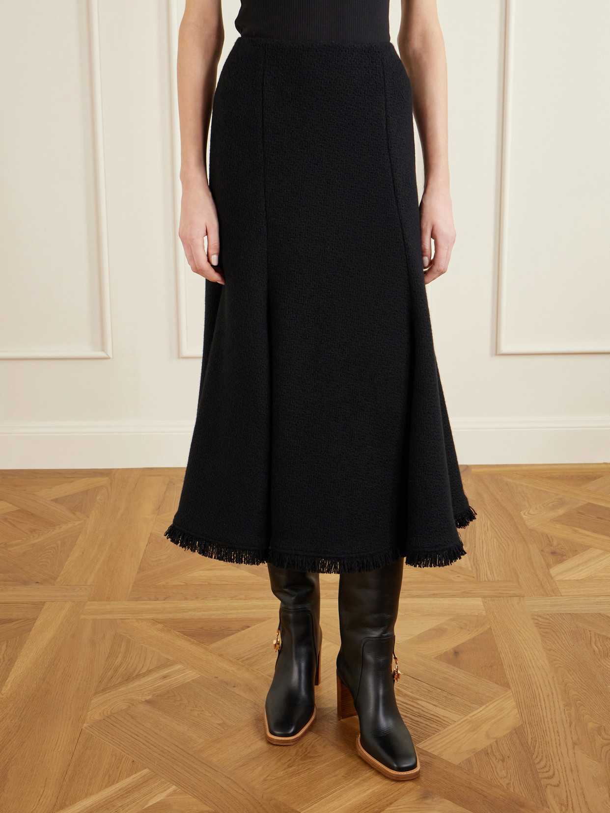 Gabriela Hearst Patterson Frayed Wool And Cashmere-blend Midi Skirt In Black