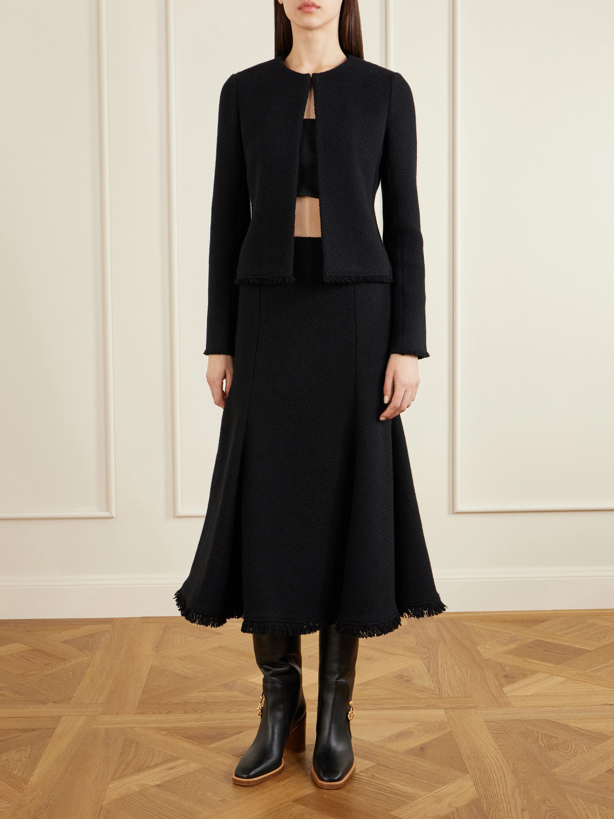 Gabriela Hearst Patterson Frayed Wool And Cashmere-blend Midi Skirt In Black