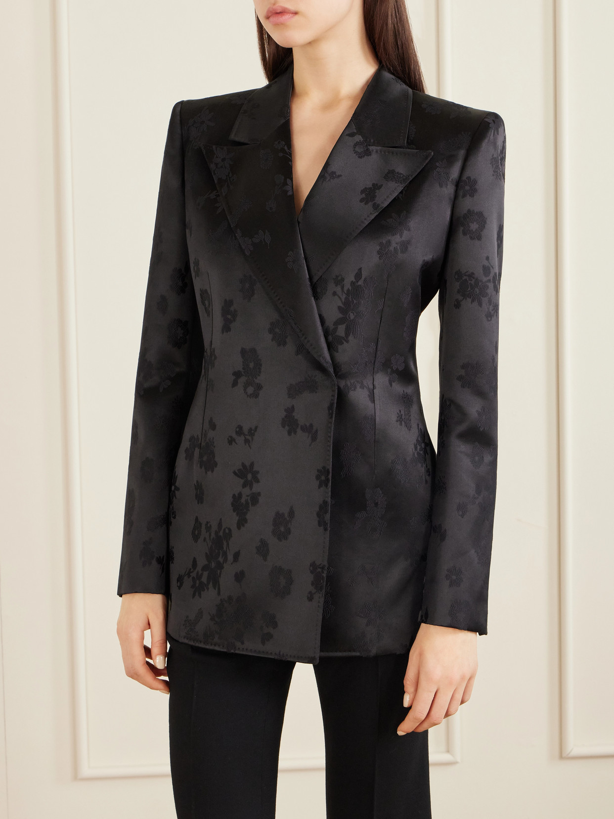 Gabriela Hearst Aleah Double-breasted Floral-jacquard Silk-satin Blazer In Black