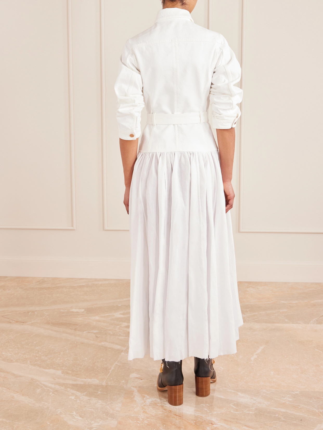 Gabriela Hearst Delyth Belted Frayed Pleated Denim-blend Linen Midi Dress In White