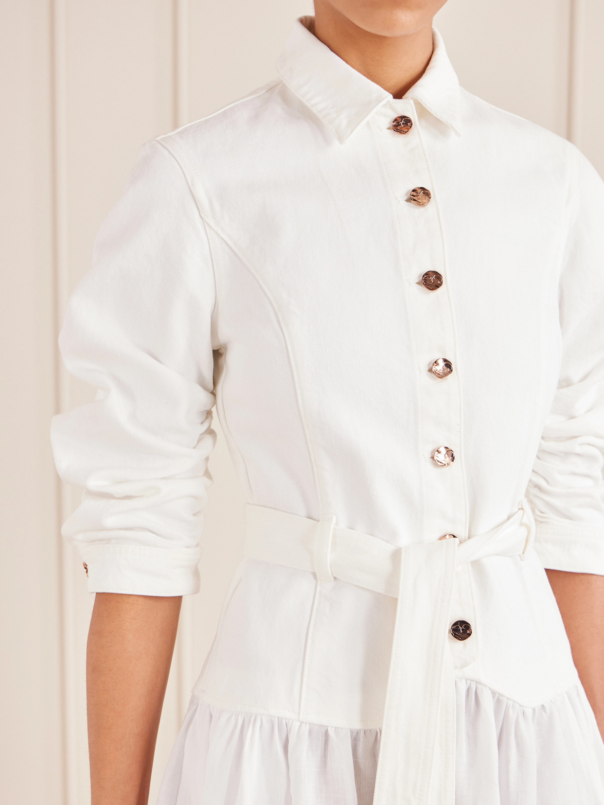 Gabriela Hearst Delyth Belted Frayed Pleated Denim-blend Linen Midi Dress In White