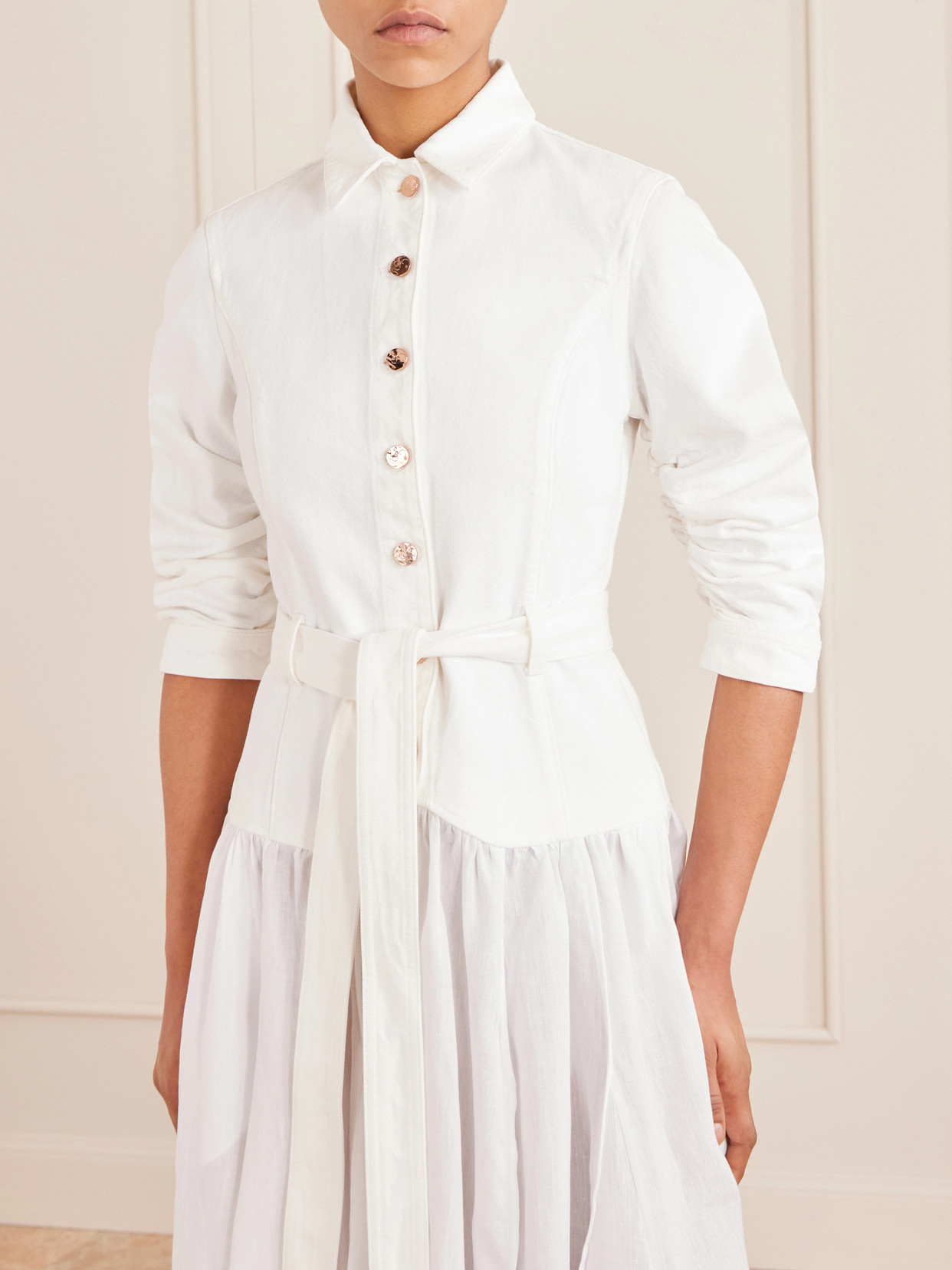 Gabriela Hearst Delyth Belted Frayed Pleated Denim-blend Linen Midi Dress In White