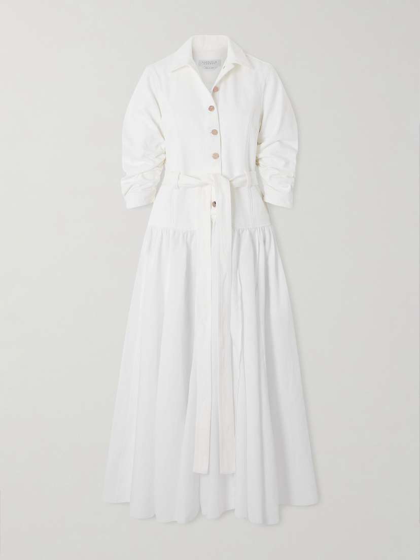 Gabriela Hearst Delyth Belted Frayed Pleated Denim-blend Linen Midi Dress