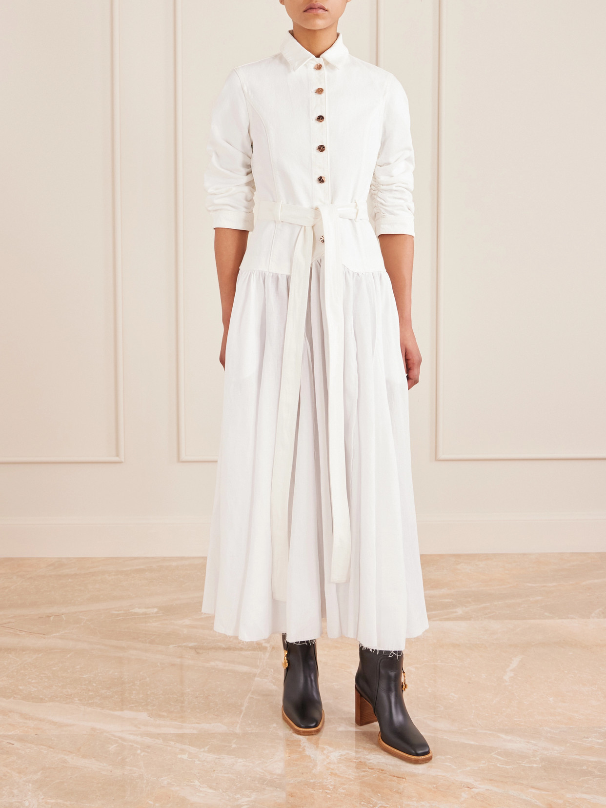 Gabriela Hearst Delyth Belted Frayed Pleated Denim-blend Linen Midi Dress In White