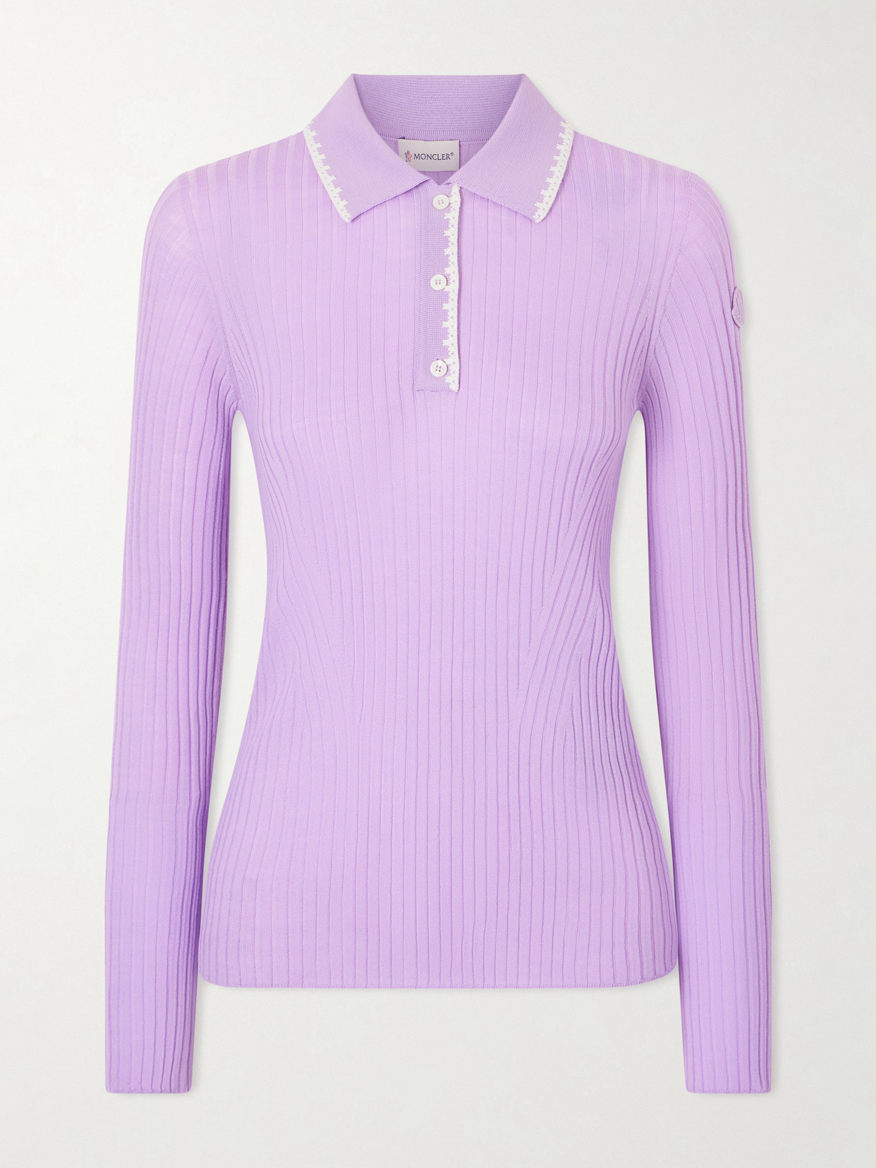 Moncler Appliquéd Embroidered Ribbed Wool Polo Shirt In Purple