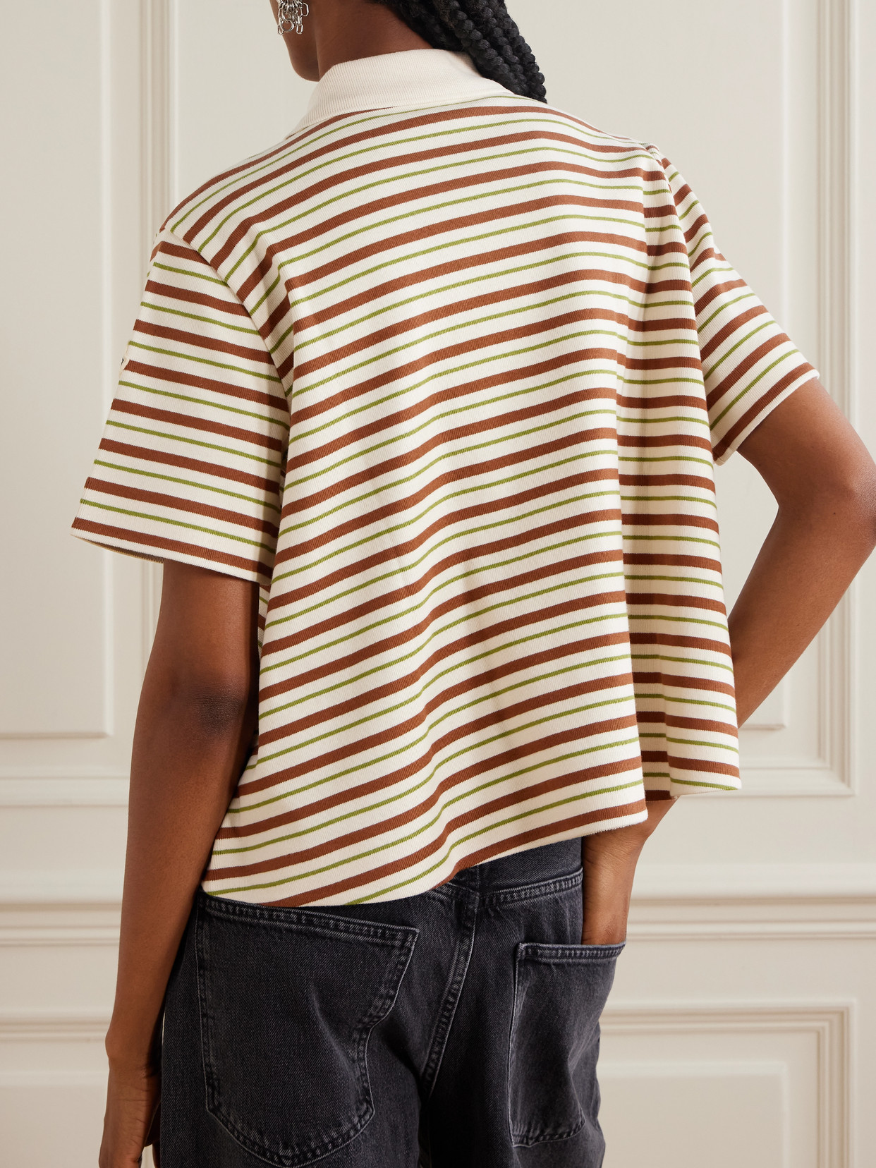 Lace-Up Cropped Striped Cotton Polo