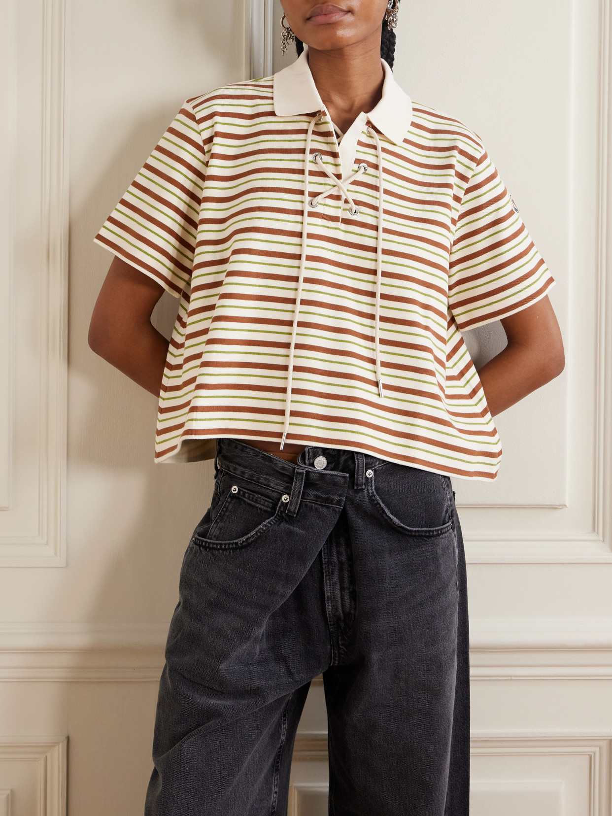 Lace-Up Cropped Striped Cotton Polo