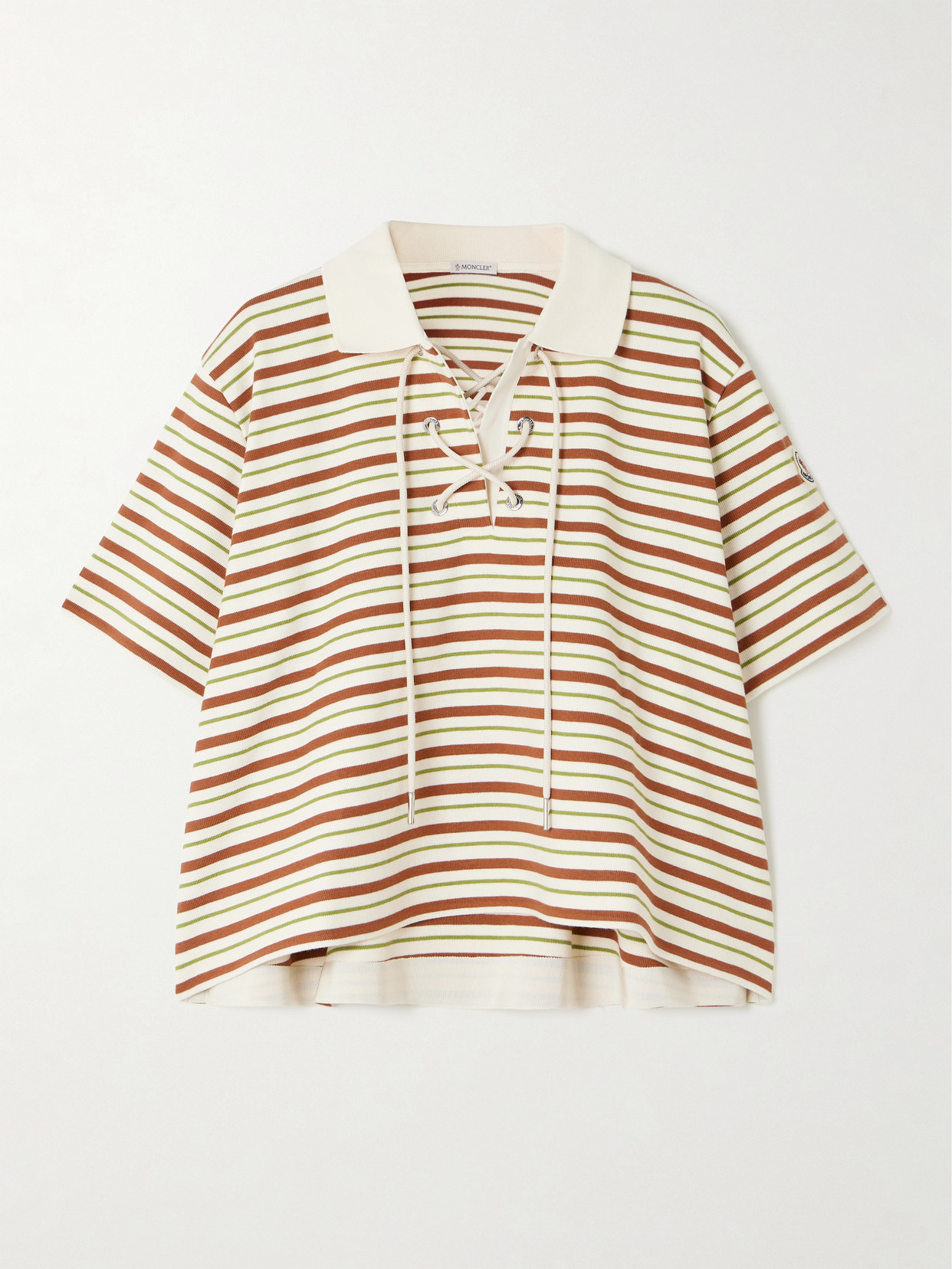 Moncler Lace-up Cropped Striped Cotton Polo Shirt In Multi