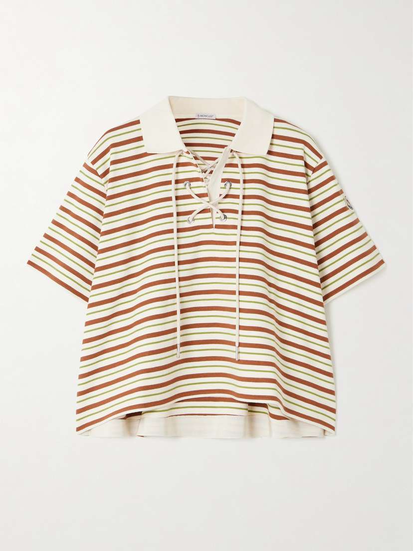 Moncler Lace-up Cropped Striped Cotton Polo Shirt