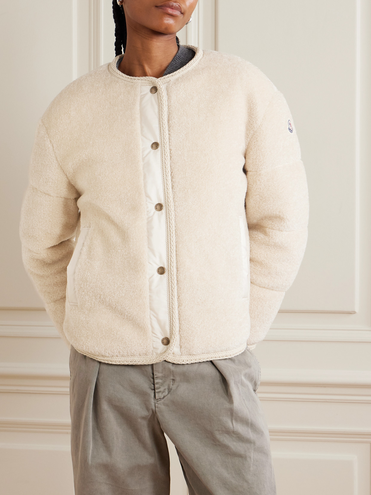 Moncler Ciboulette Hooded Shell-trimmed Plush Down Jacket In Neutral